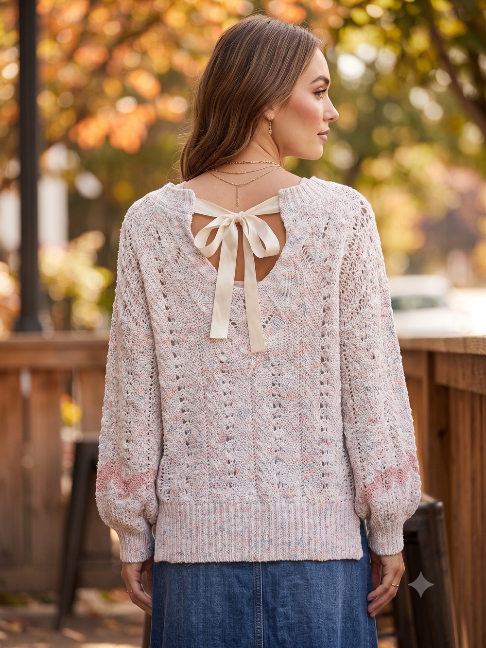 LC Lauren Conrad Coquette Open Knit Ribbon Tie Back Bowcore Pastel Sweater